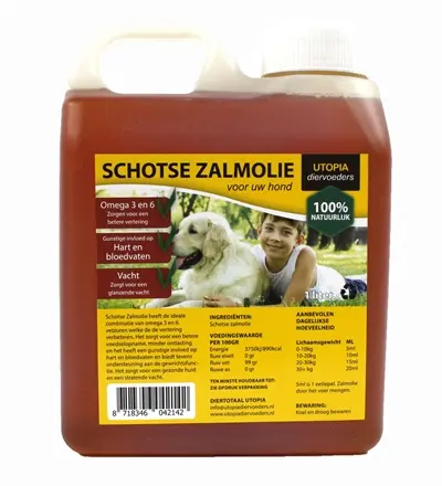 Utopia Schotse zalmolie 1 liter – omega 3 en 6 voor honden - Afbeelding 1