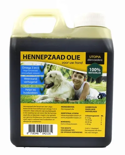 Utopia hennepzaadolie 1 liter – koudgeperst, voor honden