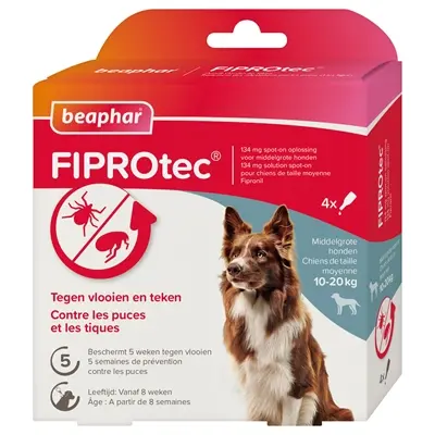 Beaphar Fiprotec spot-on hond 10-20 kg – vlooien en teken, 3+1 pipetten