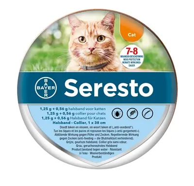 Seresto teken- en vlooienband kat 38 cm – geurloos, 8 maanden werkzaam