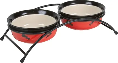 Trixie voerbakset keramiek 2 x 300 ml met houder – rood/zwart/crème