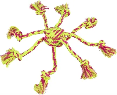 Trixie touwspeeltje met ingevlochten bal lime/magenta 7 cm – 3 stuks