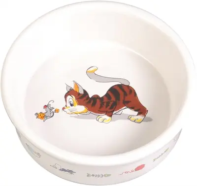 Trixie voerbak kat Stripkat met muis keramiek wit 12 cm 200 ml – 4 stuks