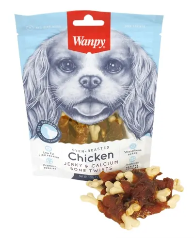 Wanpy hondensnack kip jerky en calciumbotjes 100 g – Oven-Roasted