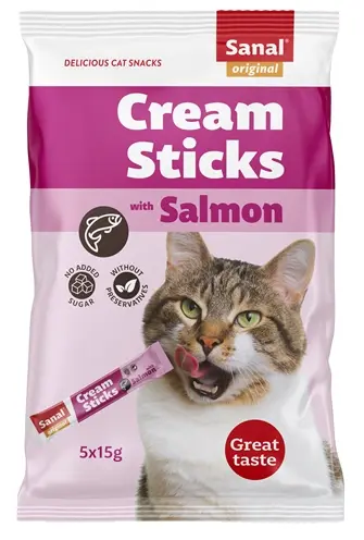 Sanal Cream Sticks kat zalm 5 x 15 g – romige kattensnack