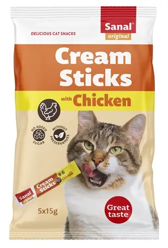 Sanal Cream Sticks kat kip 5 x 15 g – romige kattensnack