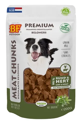 BF Petfood Meat Chunks rund en hert 200 g – hypoallergene hondensnack