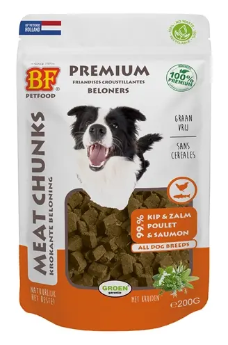 BF Petfood Meat Chunks kip en zalm 200 g – hypoallergene hondensnack
