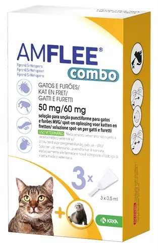 Krka Amflee Combo vlooiendruppels kat 50 mg – 3 pipetten, ook voor fretten