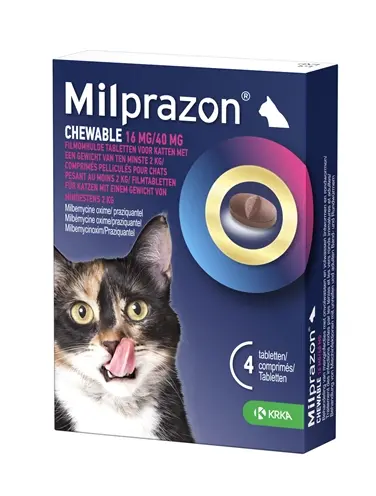 Krka Milprazon Chew ontwormingstabletten kat 16 mg/40 mg – 4 tabletten