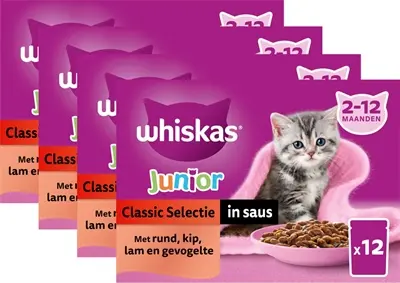 Whiskas Junior kattenvoer Classic Selectie vlees in saus 4 x 12 x 85 g