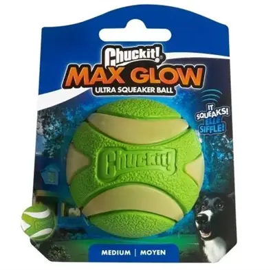 Chuckit Max Glow Ultra Squeaker hondenbal M 6 cm – groen, glow in the dark - Afbeelding 5