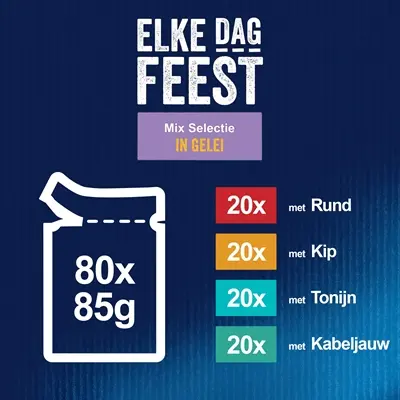 Felix kattenvoer Elke Dag Feest gelei 80 x 85 g – tonijn, kabeljauw, rund - Afbeelding 4