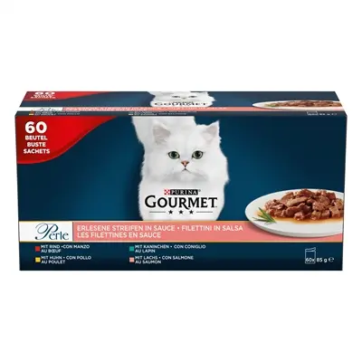 Gourmet Perle mini filets in saus 60 x 85 g – kip, konijn, rund, zalm