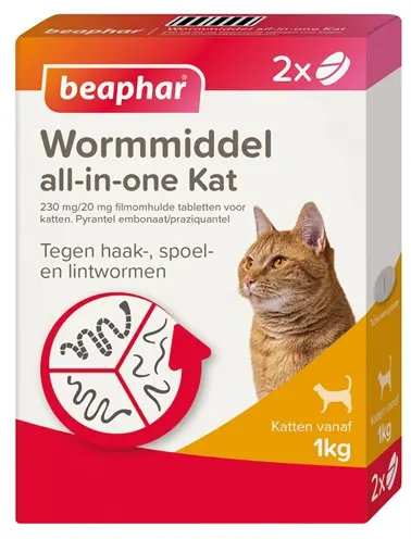 Beaphar wormmiddel kat All-in-One 2 tabletten – rond-, haak- en lintwormen