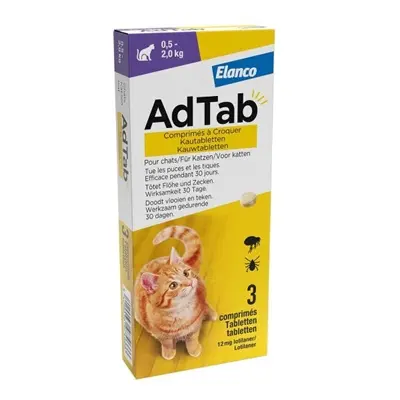 Adtab kauwtablet kat 0,5-2 kg – 3 tabletten tegen vlooien en teken
