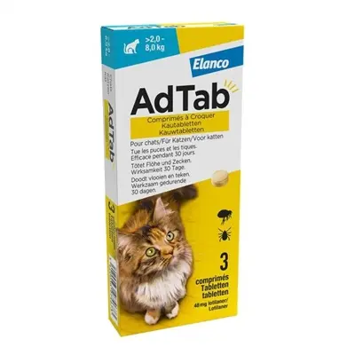 Adtab kauwtablet kat 2-8 kg – 3 tabletten tegen vlooien en teken