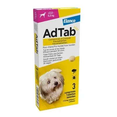 Adtab kauwtablet hond 2,5-5,5 kg vleessmaak – vlooien en teken, 3 tabletten