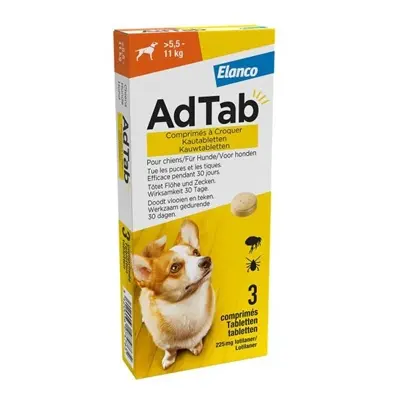 Adtab kauwtablet hond 5,5-11 kg vleessmaak – vlooien en teken, 3 tabletten