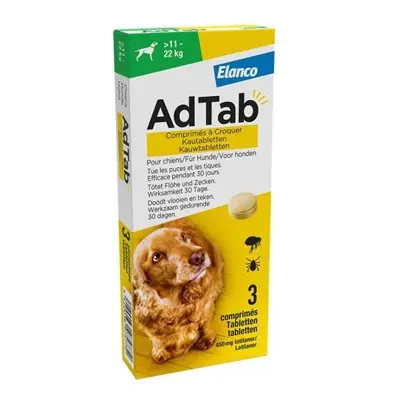 Adtab kauwtablet hond 11-22 kg vleessmaak – vlooien en teken, 3 tabletten