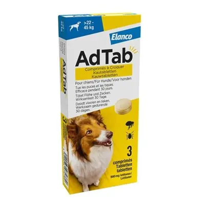 Adtab kauwtablet hond 22-45 kg vleessmaak – vlooien en teken, 3 tabletten