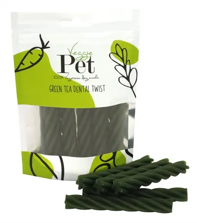 Veggie Pet kauwsnacks Green Tea Dental Twist 100 g – plantaardig