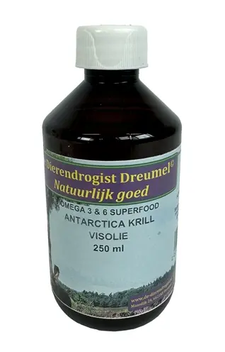 Dierendrogist krill/visolie 250 ml – omega 3 en 6, hond en kat
