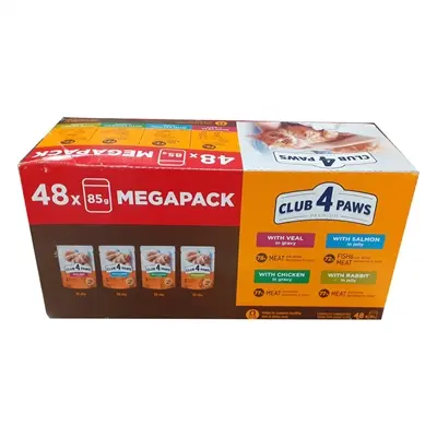 Club 4 Paws kattenvoer Megapack 48 x 85 g – 4 smaken in jus en gelei