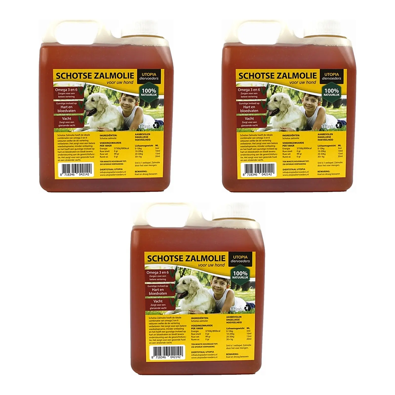 Utopia Schotse zalmolie naturel 1 l – omega 3 en 6, multipack 3 stuks - Afbeelding 1