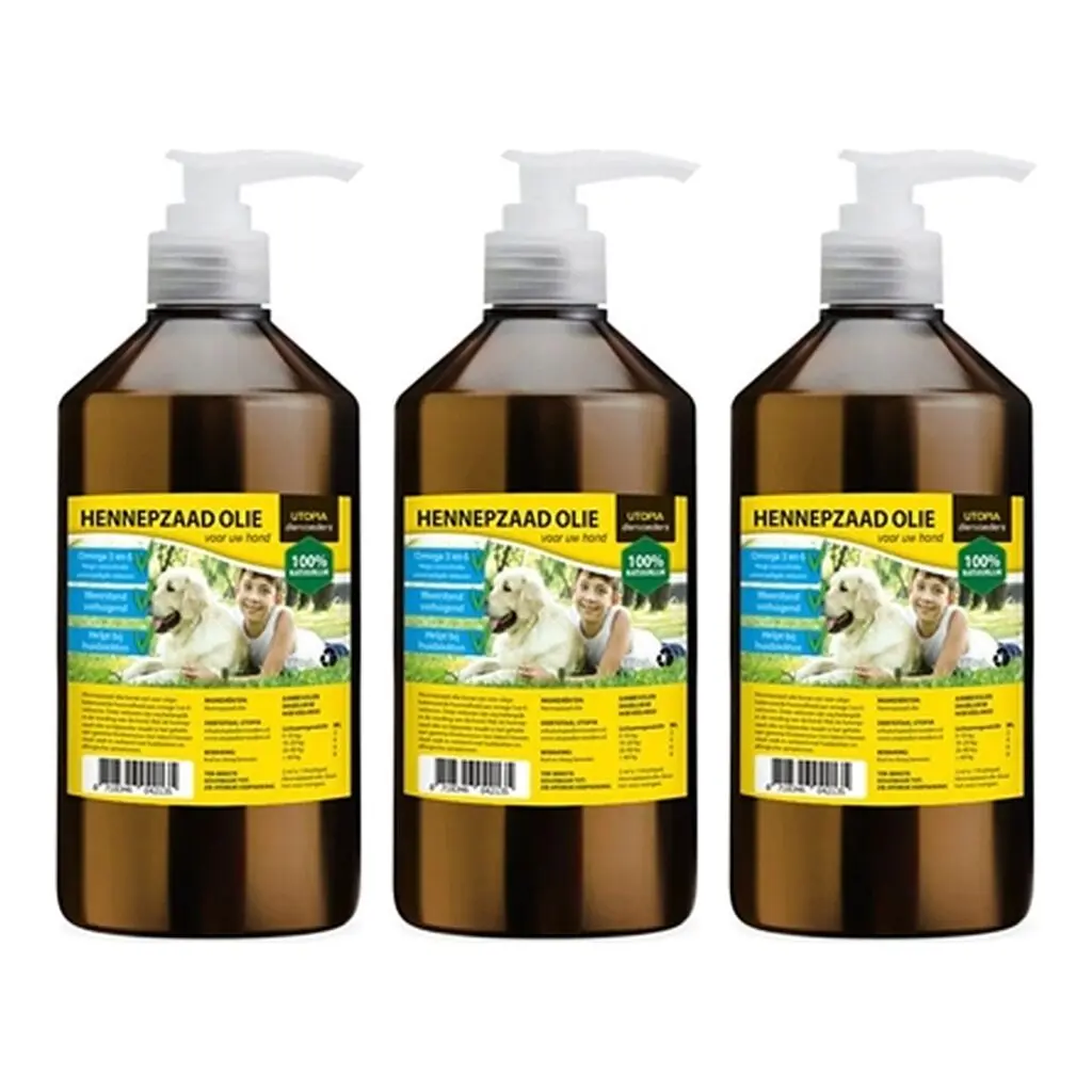 Utopia Diertotaal hennepzaadolie met pompje 1 l – multipack 3 stuks