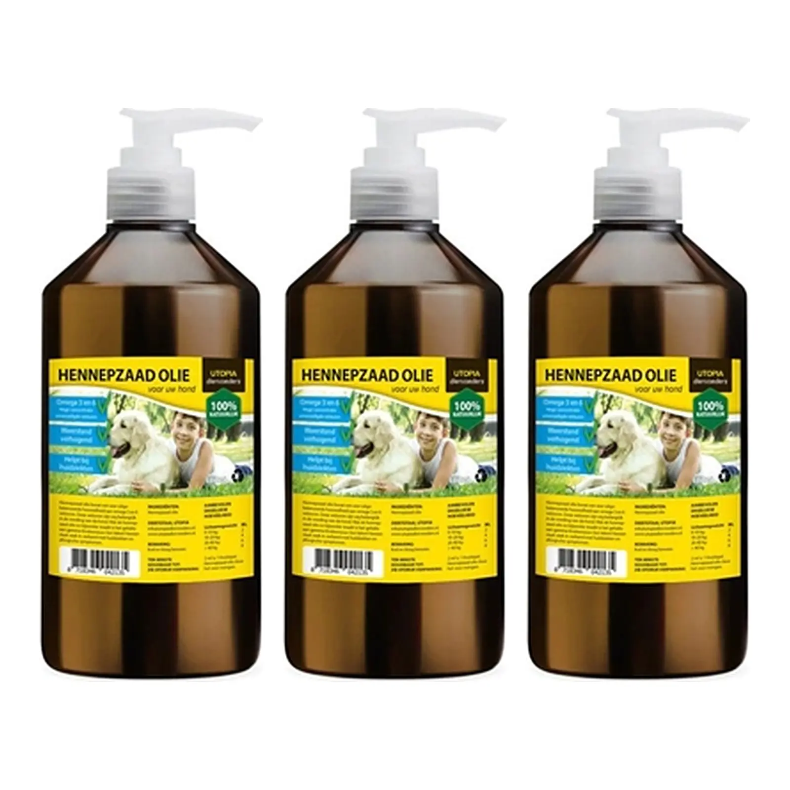 Utopia Diertotaal hennepzaadolie met pompje 1 l – multipack 3 stuks - Afbeelding 1