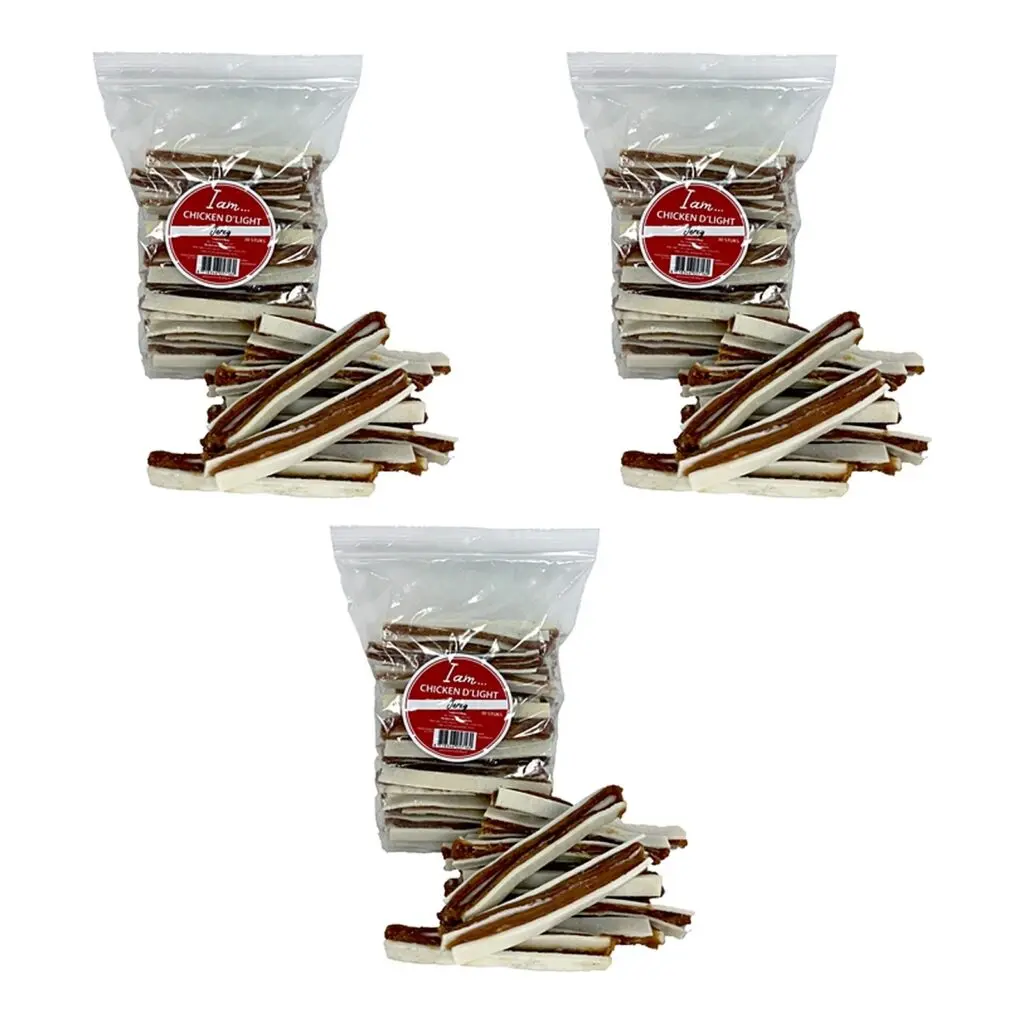 I Am Chicken D'Light Jerky hondensnack 30 stuks – 3 stuks, kip en runderhuid (multipack)