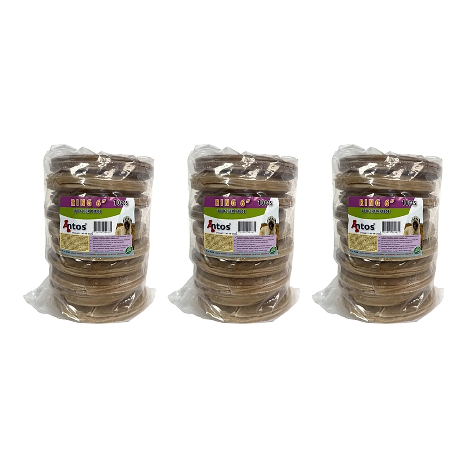 Geperste ring hondenkauwsnack 6 inch (15,2 cm) – 3 stuks, runderhuid, 10 stuks (multipack) - Afbeelding 1