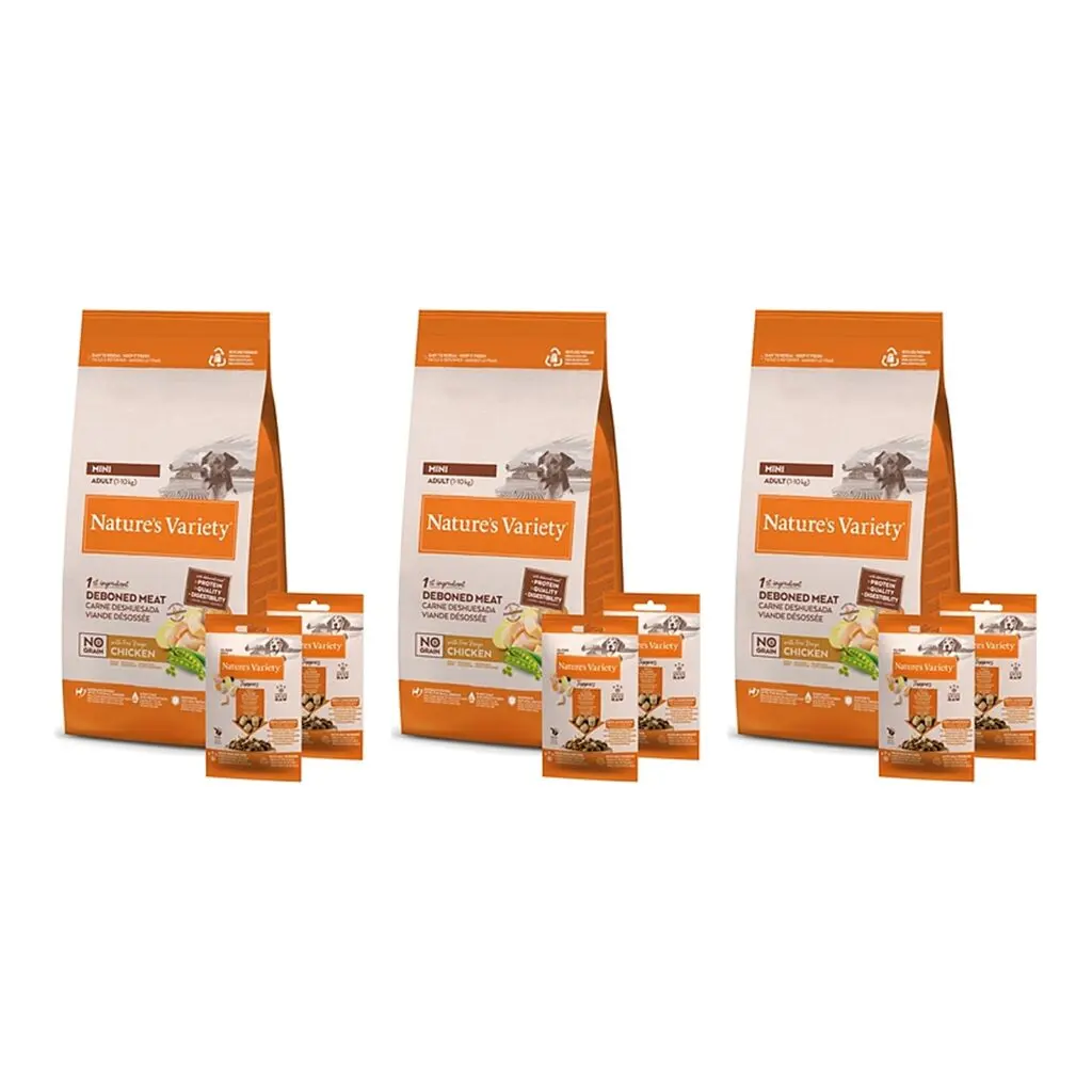 Nature's Variety hondenvoer Adult Mini kip graanvrij 1,5 kg + 2 toppers – 3 stuks (multipack)