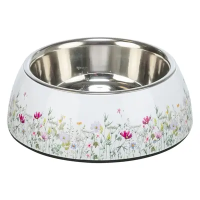 Trixie voerbak/drinkbak bloemmotief rvs wit/meerkleurig 22 x 22 x 7,5 cm