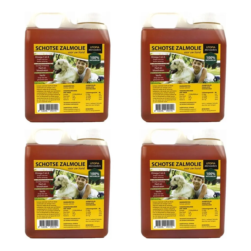 Zalmolie voor Hond - Utopia Schotse Zalmolie Omega 3-6 - 4 x 1 liter - Voordeelverpakking
