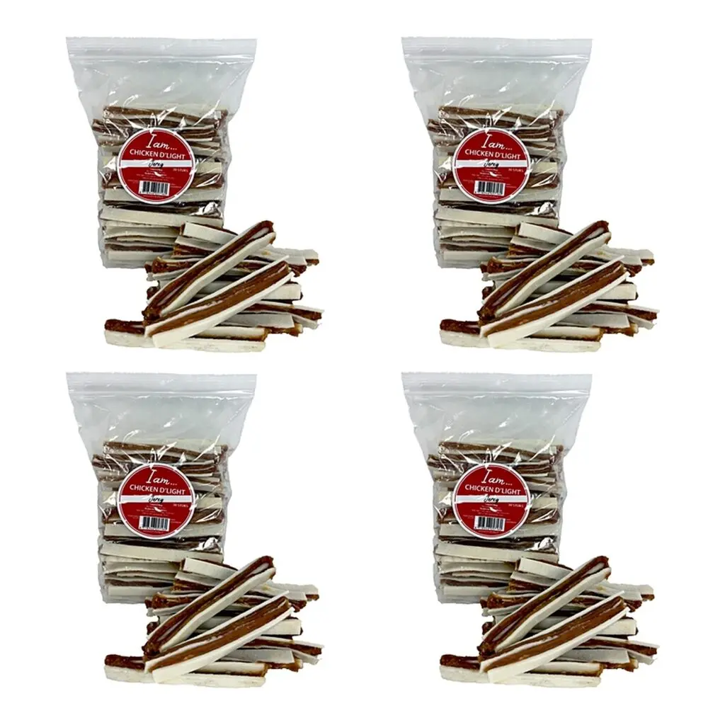 I Am Chicken D'Light Jerky hondensnack 30 stuks – 4 stuks, kip en runderhuid (multipack)