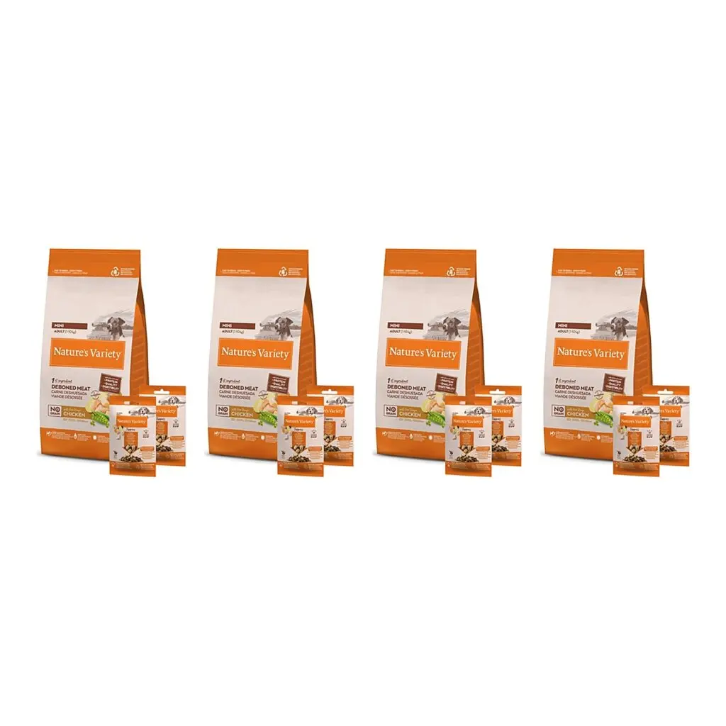 Nature's Variety hondenvoer Adult Mini kip graanvrij 1,5 kg + 2 toppers – 4 stuks (multipack)