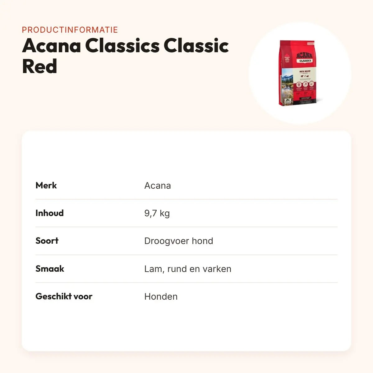 Acana Classics hondenvoer Classic Red 9,7 kg – lam, rund en varken – productinformatie
