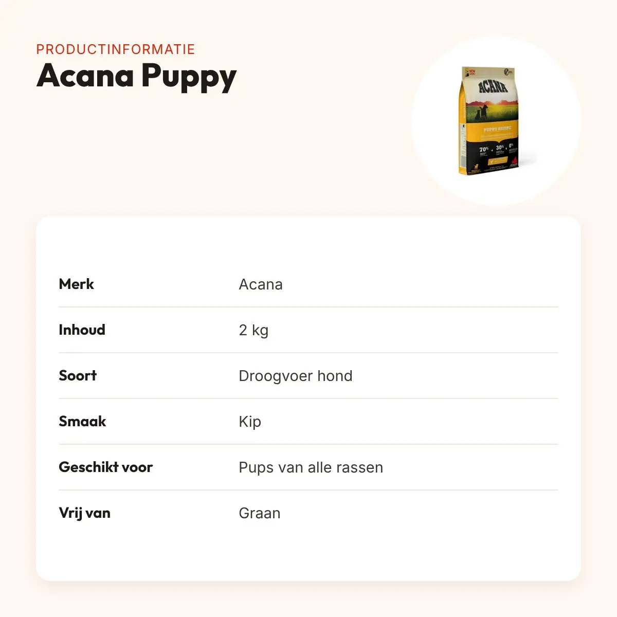 Acana hondenvoer Puppy 2 kg – kip, graanvrij, voor pups van alle rassen – productinformatie