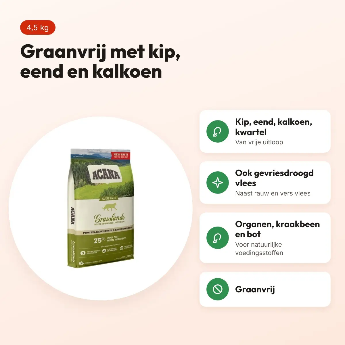 Acana kattenvoer Cat Grasslands 4,5 kg – graanvrij – voordelen