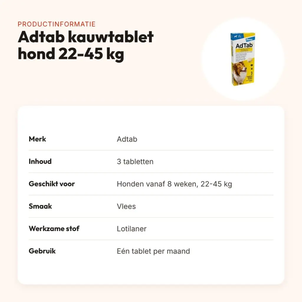 Adtab kauwtablet hond 22-45 kg vleessmaak – vlooien en teken, 3 tabletten – productinformatie