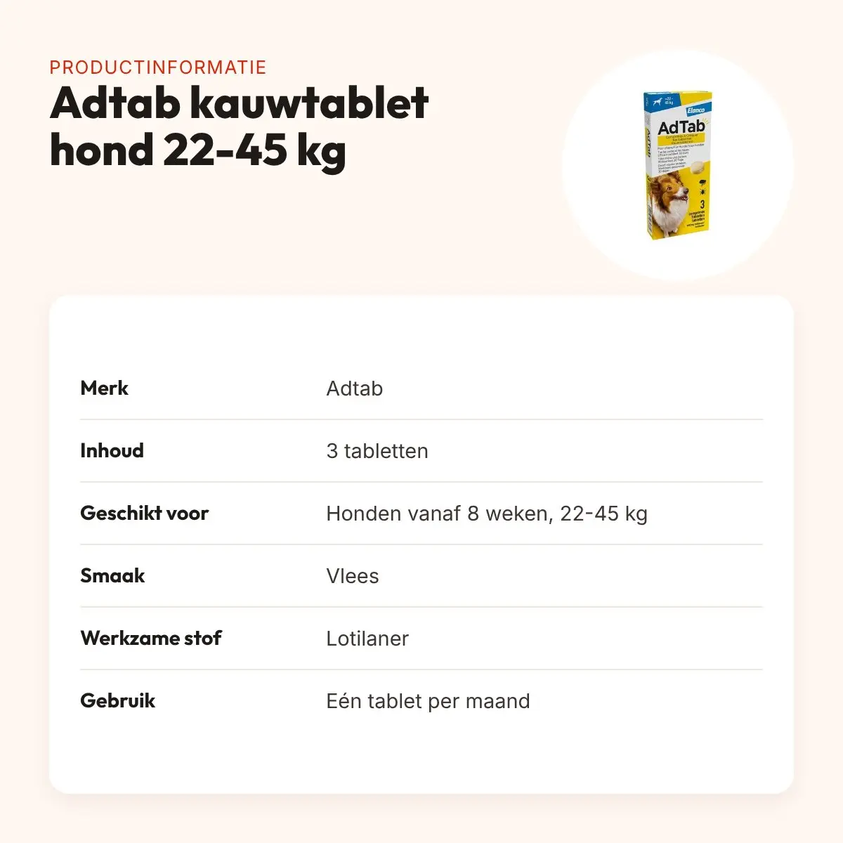 Adtab kauwtablet hond 22-45 kg vleessmaak – vlooien en teken, 3 tabletten – productinformatie