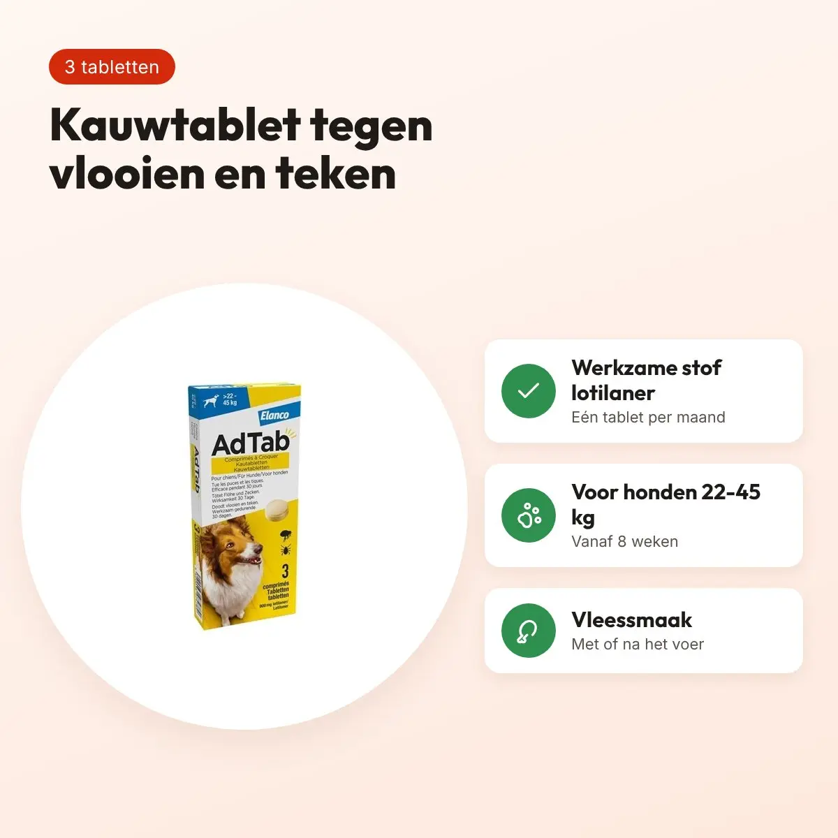 Adtab kauwtablet hond 22-45 kg vleessmaak – vlooien en teken, 3 tabletten – voordelen