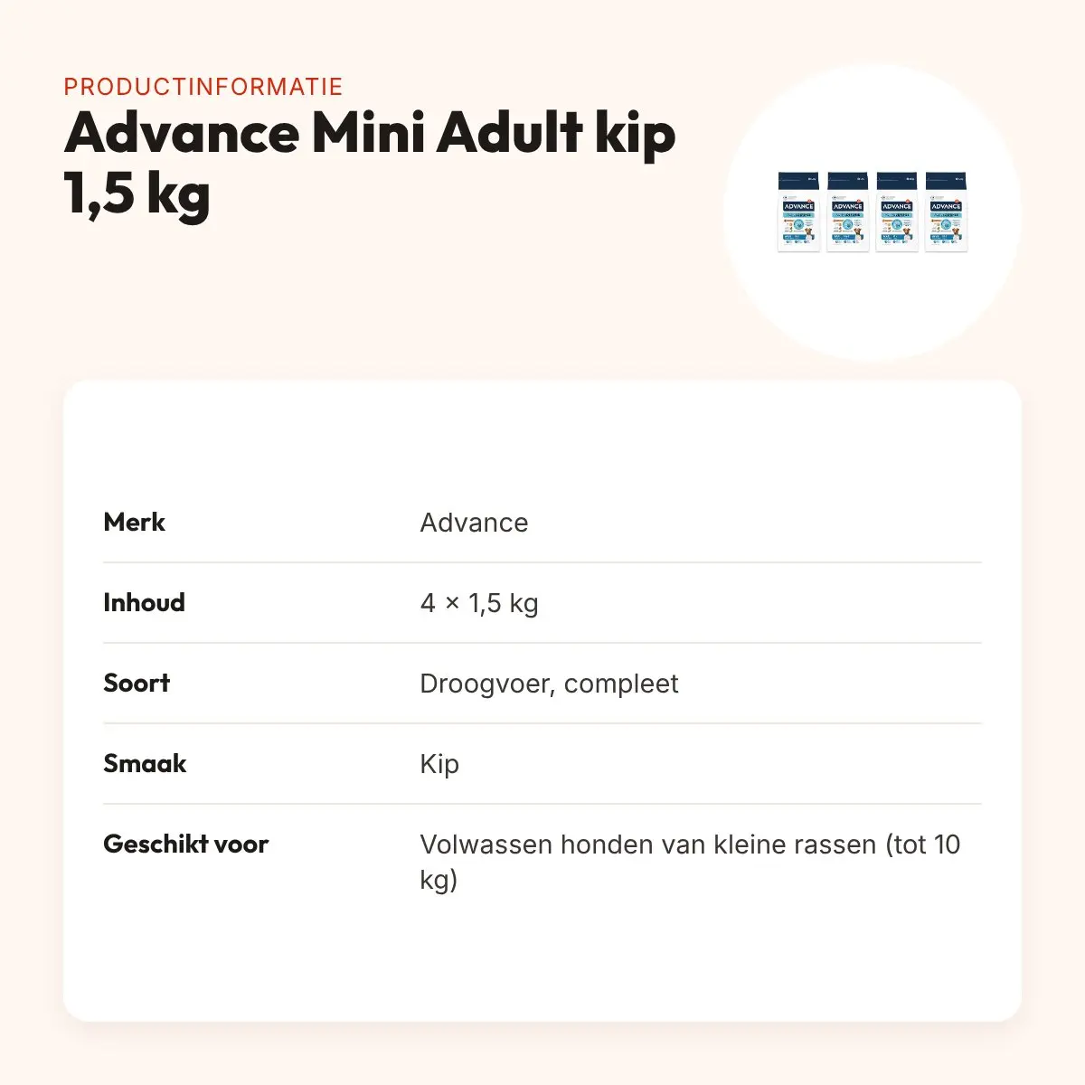 Advance hondenvoer Mini Adult met kip 1,5 kg – multipack 4 stuks – productinformatie