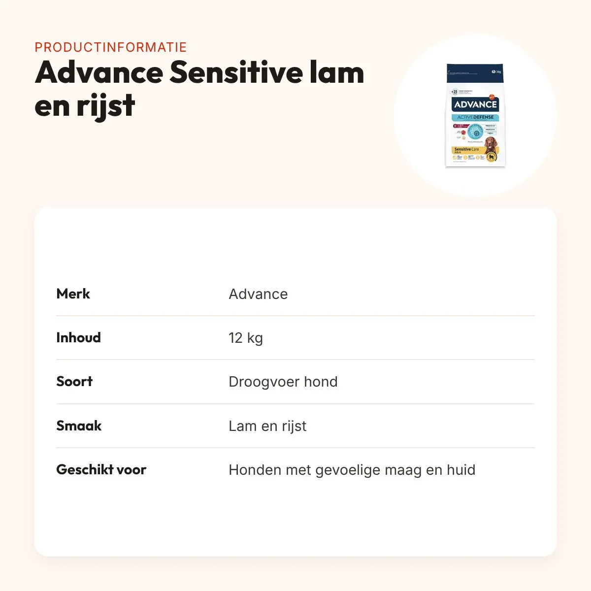 Advance hondenvoer Sensitive lam en rijst 12 kg – gevoelige maag en huid – productinformatie