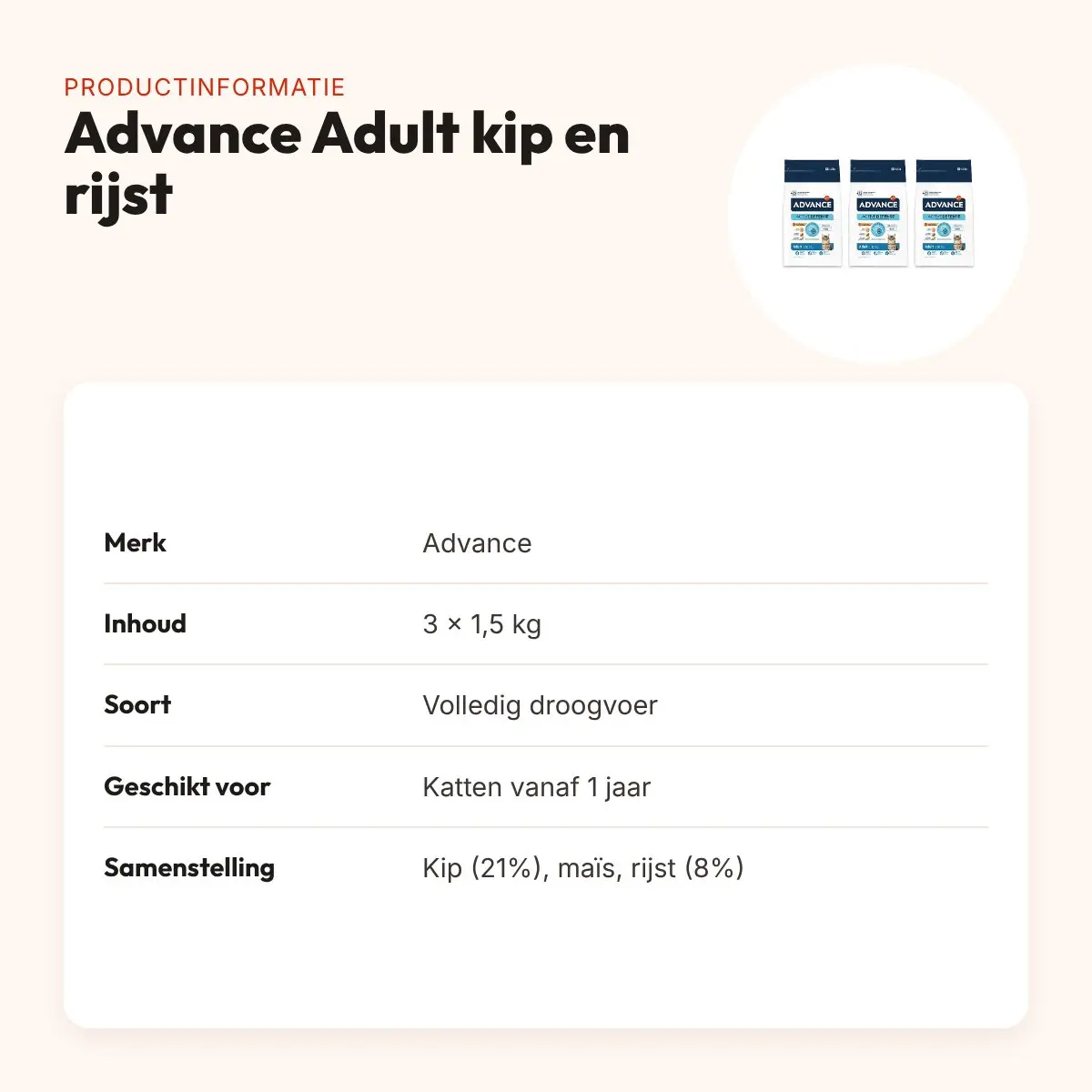Advance kattenvoer Adult kip en rijst 1,5 kg – multipack 3 stuks – productinformatie