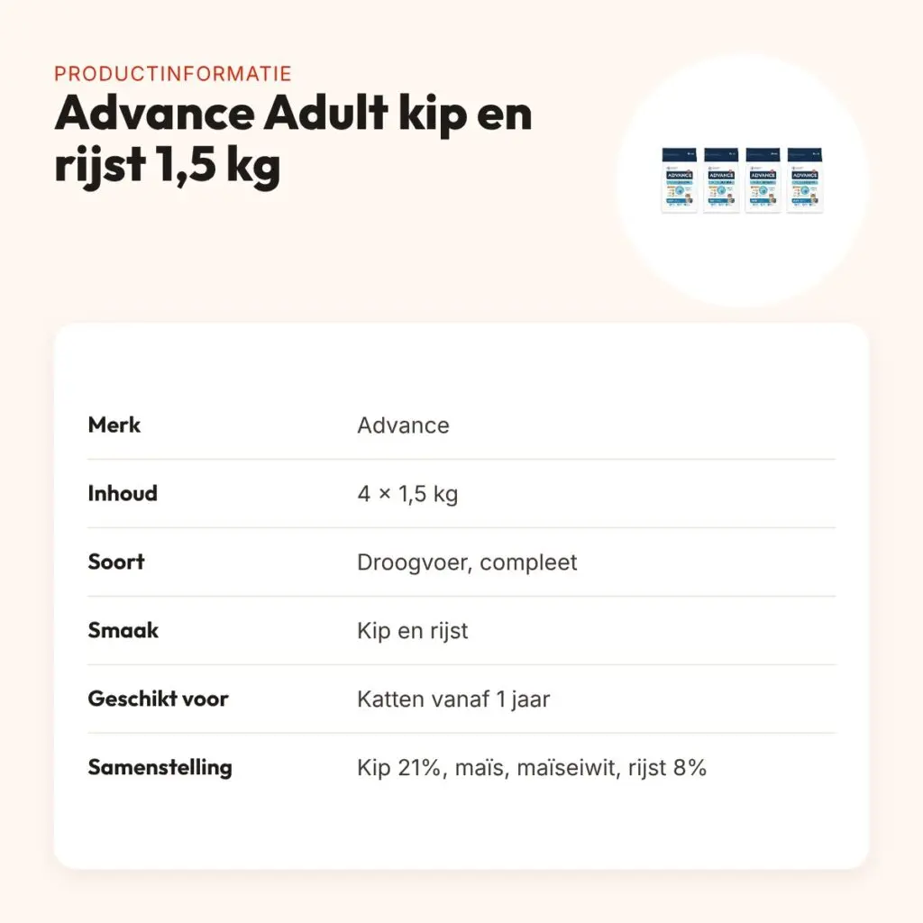 Advance kattenvoer Adult kip en rijst 1,5 kg – multipack 4 stuks – productinformatie