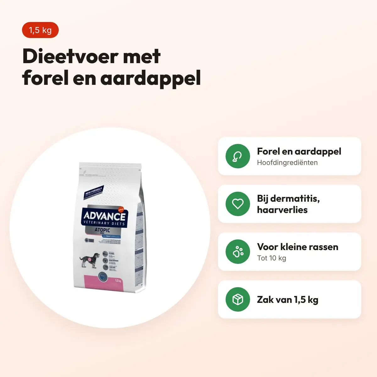 Advance Veterinary Diet hondenvoer Atopic Mini 1,5 kg – forel, klein ras – voordelen