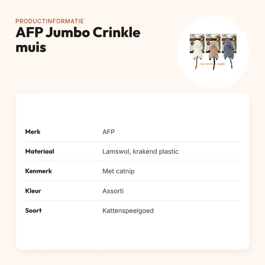 AFP Jumbo Crinkle muis kattenspeelgoed lamswol met catnip – productinformatie